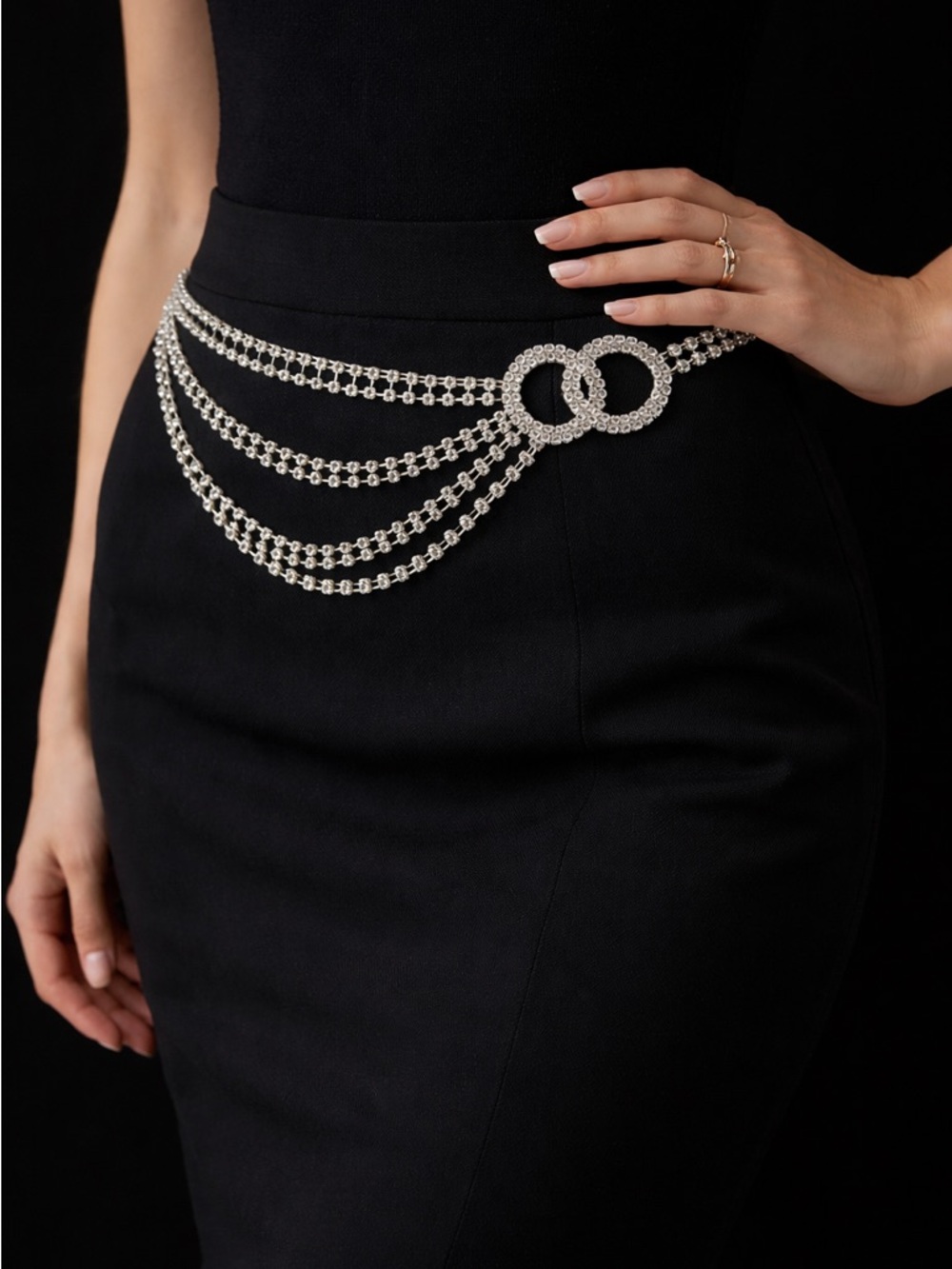 Silver Rhinestone Chain Belt Double Circle Layered Waist 60” NWT